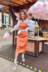 Rust Satin Straight Neck Tie Up Midi Dress - Irina-Dresses