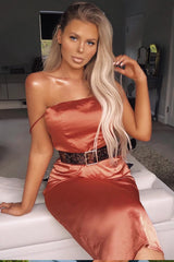 Rust Satin Straight Neck Tie Up Midi Dress - Irina-Dresses