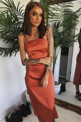 Rust Satin Straight Neck Tie Up Midi Dress - Irina-Dresses