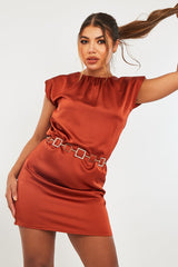 Rust Shoulder Pad Detail Satin Mini Dress - Delpha-Dresses