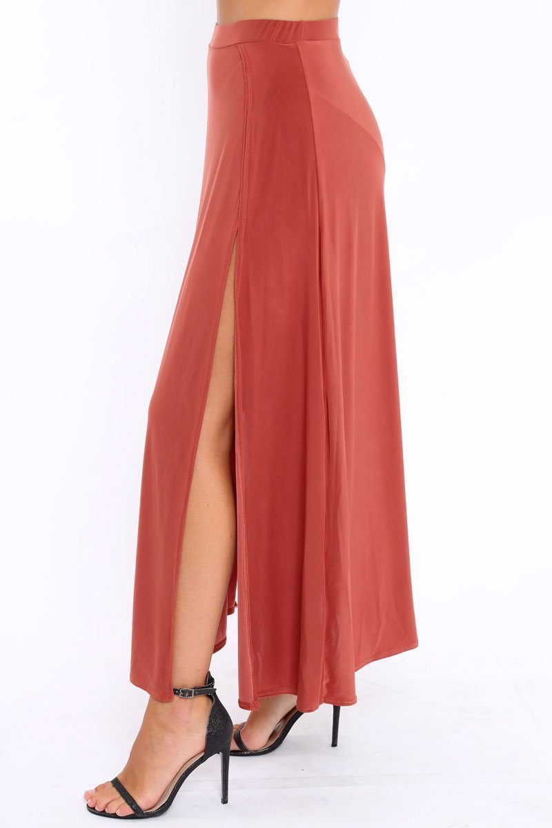 Rust Side Split Maxi Skirt - Gina-Skirts