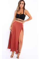 Rust Side Split Maxi Skirt - Gina-Skirts