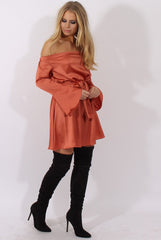 Rust Silky Bardot Tie Waist Dress - Esther-Dresses