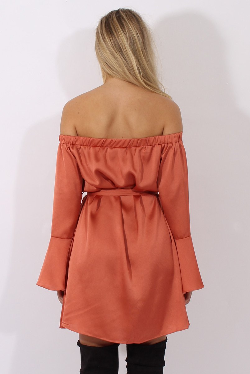 Rust Silky Bardot Tie Waist Dress - Esther-Dresses