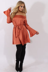 Rust Silky Bardot Tie Waist Dress - Esther-Dresses