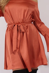 Rust Silky Bardot Tie Waist Dress - Esther-Dresses