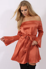 Rust Silky Bardot Tie Waist Dress - Esther-Dresses