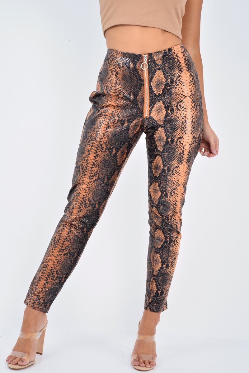 Rust Snake Coated Zip Front Trousers - Destynie-Trousers