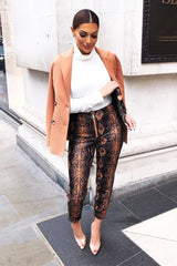 Rust Snake Coated Zip Front Trousers - Destynie-Trousers