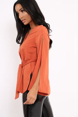 Rust Split Sleeve Top - Porter-Tops