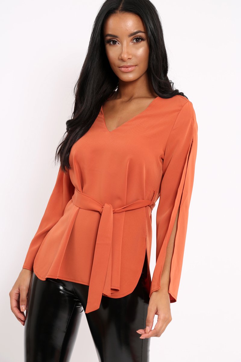 Rust Split Sleeve Top - Porter-Tops
