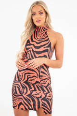 Rust Tiger Print Scuba High Neck Mini Dress - Ellisa-Dresses