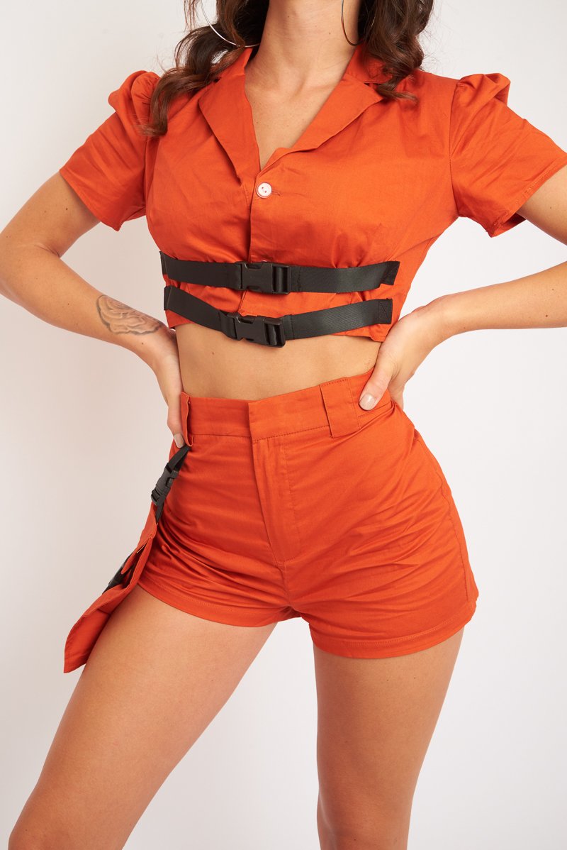 Rust Utility Cargo Short and Buckle Crop Shirt Co-ord - Saisha-Co-ords