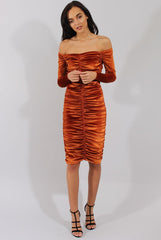 Rust Velvet Ruched Bardot Bodycon Dress - Louise-Dresses