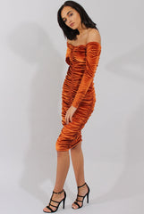 Rust Velvet Ruched Bardot Bodycon Dress - Louise-Dresses