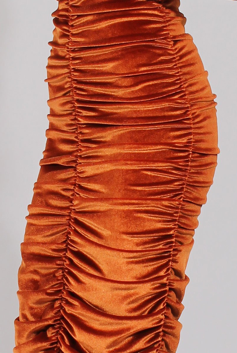 Rust Velvet Ruched Bardot Bodycon Dress - Louise-Dresses