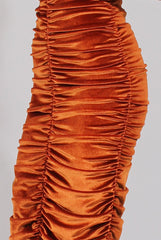 Rust Velvet Ruched Bardot Bodycon Dress - Louise-Dresses