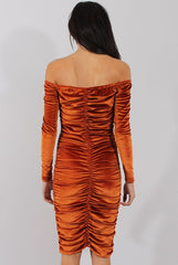 Rust Velvet Ruched Bardot Bodycon Dress - Louise-Dresses