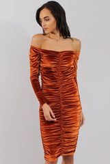 Rust Velvet Ruched Bardot Bodycon Dress - Louise-Dresses