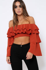 Rust extreme Layered Frill Bardot Crop Top - Nevaeh-Crop Tops