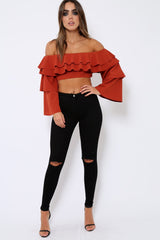 Rust extreme Layered Frill Bardot Crop Top - Nevaeh-Crop Tops