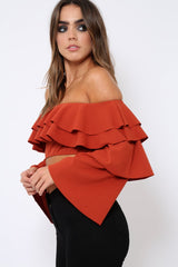 Rust extreme Layered Frill Bardot Crop Top - Nevaeh-Crop Tops