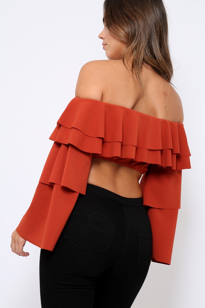 Rust extreme Layered Frill Bardot Crop Top - Nevaeh-Crop Tops