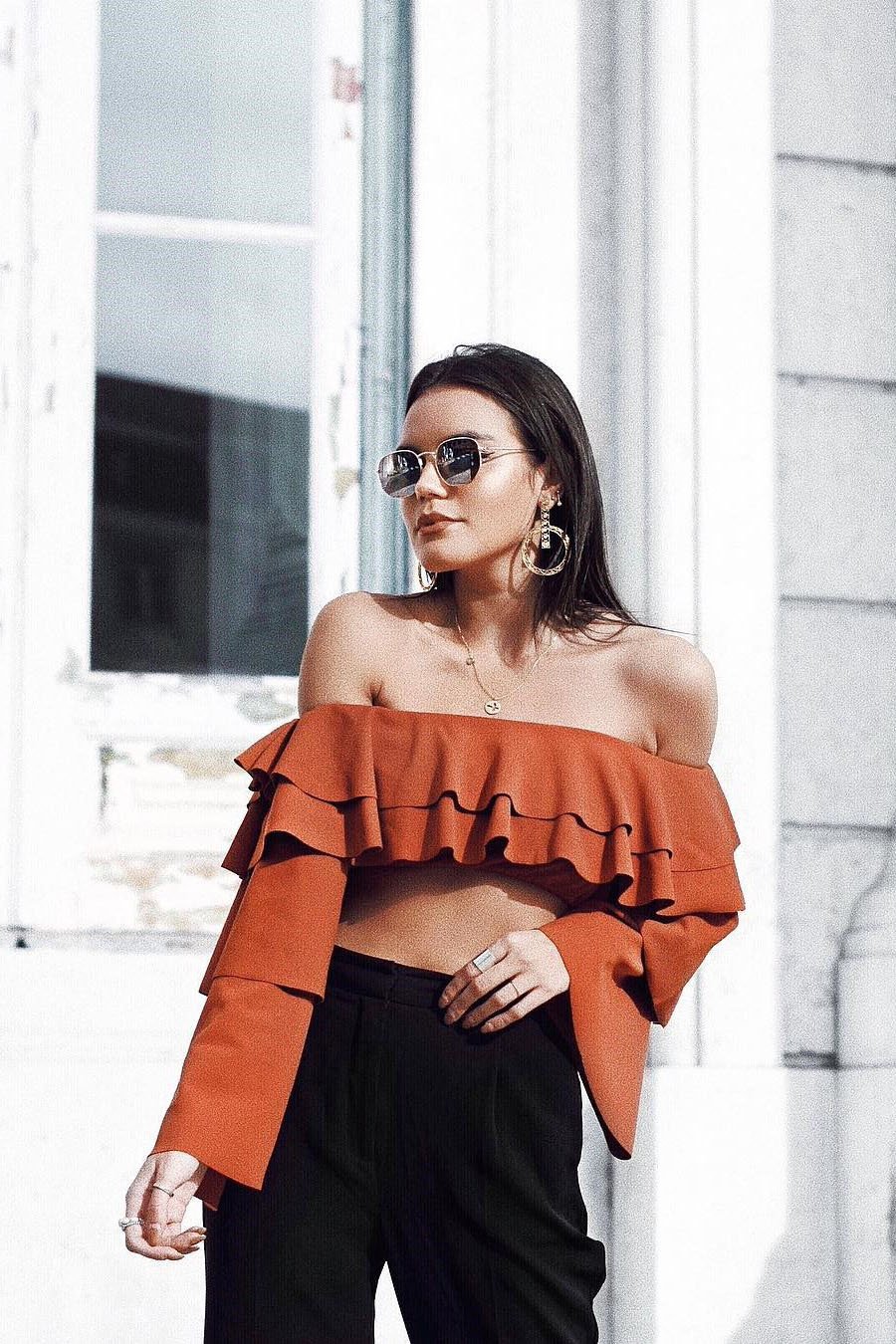 Rust extreme Layered Frill Bardot Crop Top - Nevaeh-Crop Tops