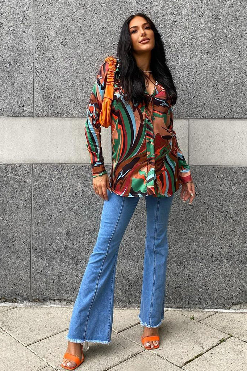 Multi Abstract Print Satin Shirt - Sabella