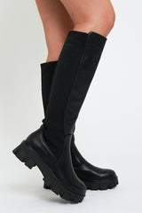 Black Leather Contrast Knee High Chunky Sole Boots - Phileine
