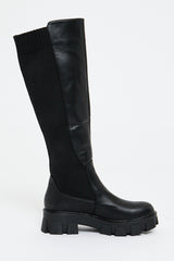 Black Leather Contrast Knee High Chunky Sole Boots - Phileine