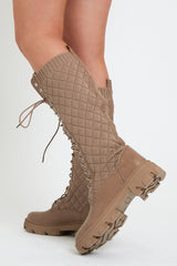 Brown Lace Up PU Leather and Quilted High Boots - Salva