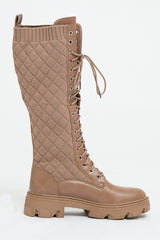 Brown Lace Up PU Leather and Quilted High Boots - Salva