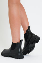 Black Faux Leather Ankle High Chunky Sole Boots - Tanna