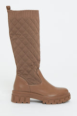 Brown Quilted Detail Knee High Boots - Bethsy