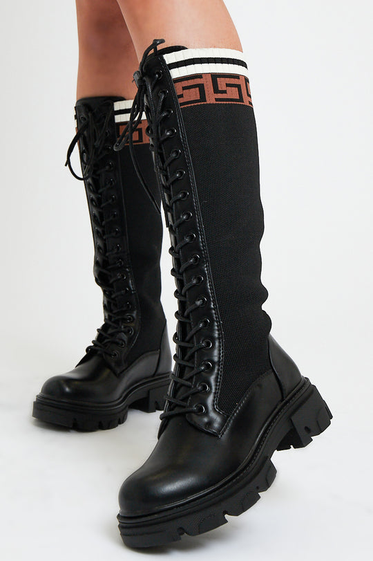 Black PU Faux Leather Contrast Detailing Knee High Boots - Bevie
