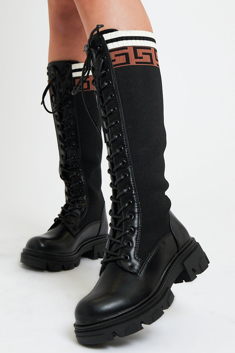 Black PU Faux Leather Contrast Detailing Knee High Boots - Bevie