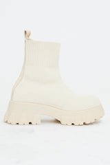 Cream Ankle High Chunky Sole Sock Boots - Bana
