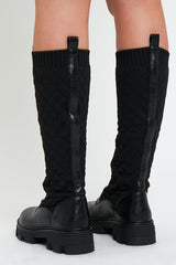 Black Lace Up PU Leather and Quilted High Boots - Salva