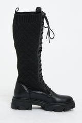 Black Lace Up PU Leather and Quilted High Boots - Salva