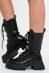 Black Chain Detail Faux Leather Boots - Niska