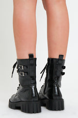 Black Faux Croc Leather Double Chain Biker Boots - Halee