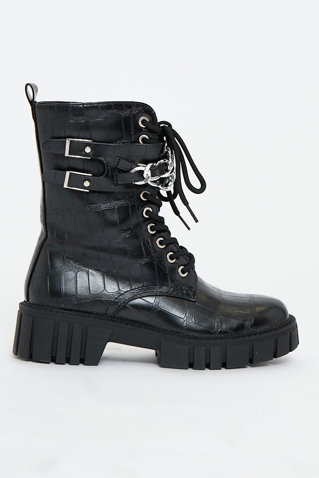 Black Faux Croc Leather Double Chain Biker Boots - Halee