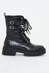 Black Faux Croc Leather Double Chain Biker Boots - Halee