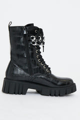 Black Faux Croc Leather Double Chain Biker Boots - Halee