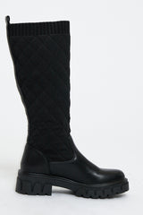 Black Quilted Detail Knee High Boots - Bethsy
