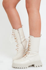 Cream Chain Detail Faux Leather Boots - Niska