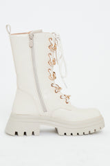 Cream Chain Detail Faux Leather Boots - Niska
