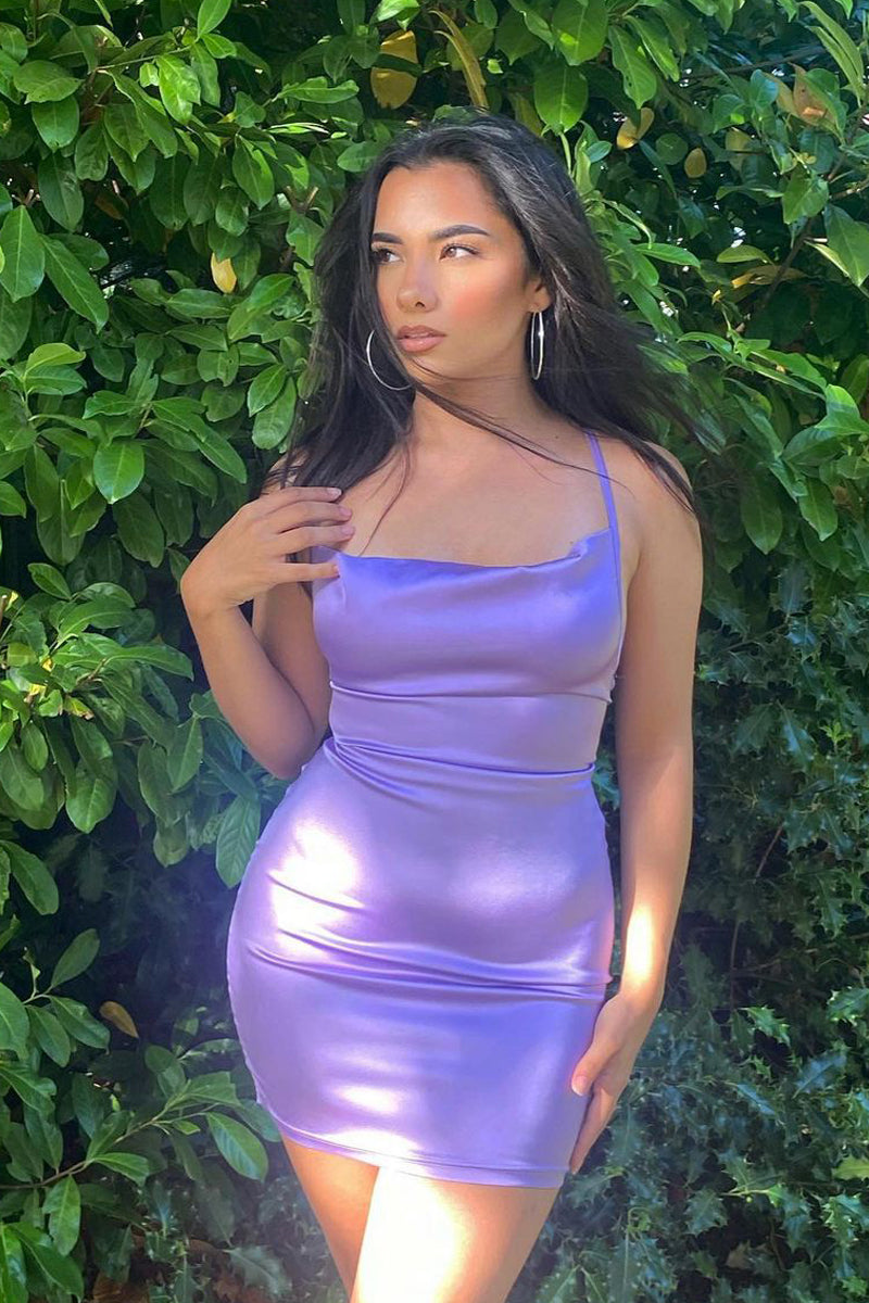 Lilac Satin Lace Up Bodycon Mini Dress - Sira