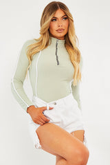 Sage Contrast Piping Zip Front Bodysuit - Betsy-Bodysuits